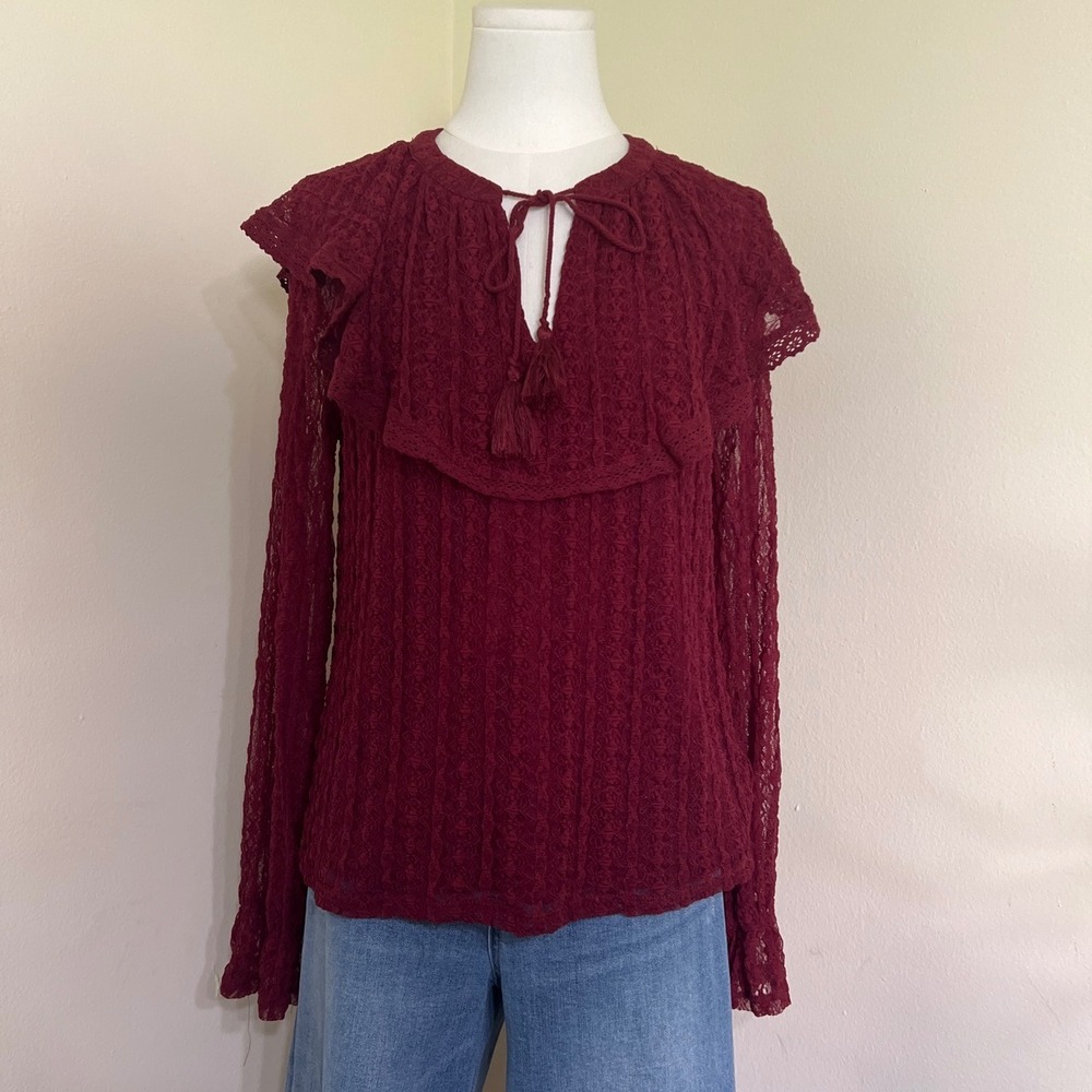 Cupio Women Pomegranate Burgundy Lace Ruffle Tassel Tie Blouse CUTP10337M Small